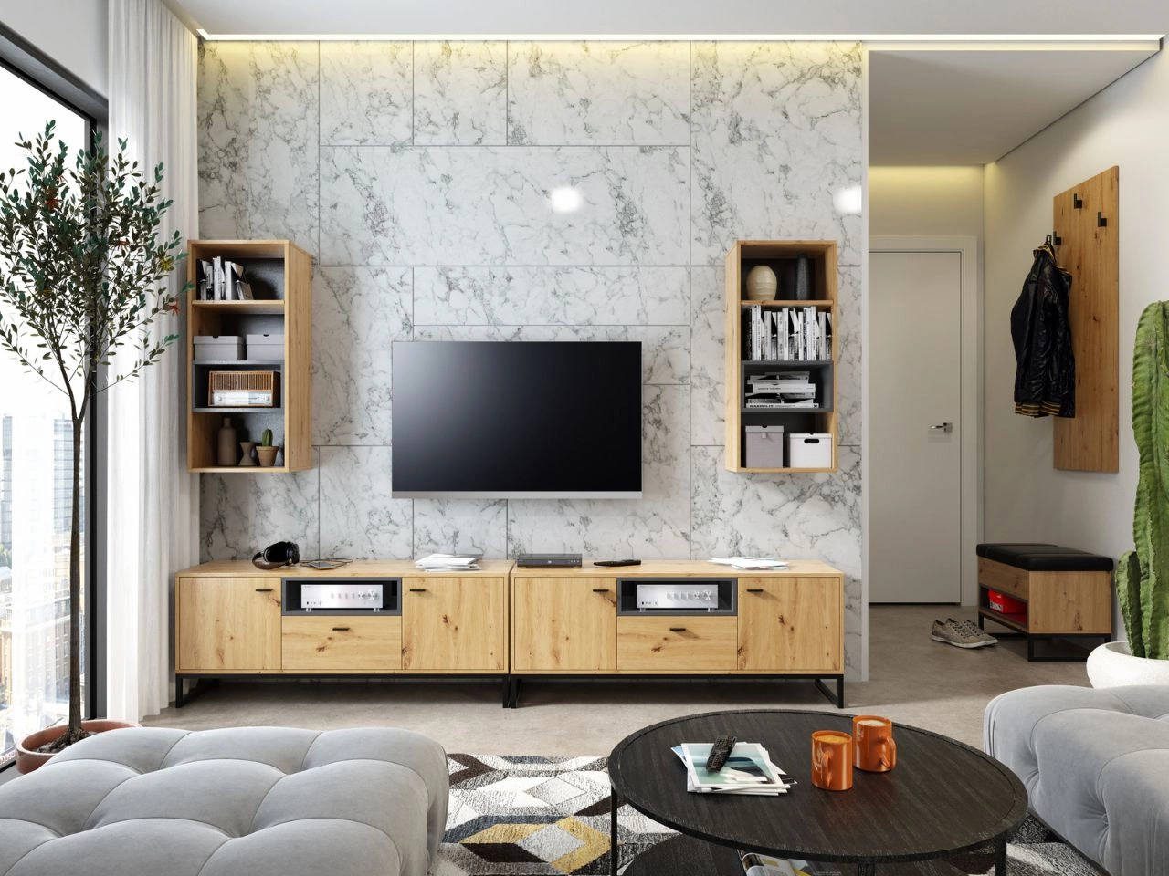 Komplet mebli do salonu i przedpokoju Geneva Dąb Artisan