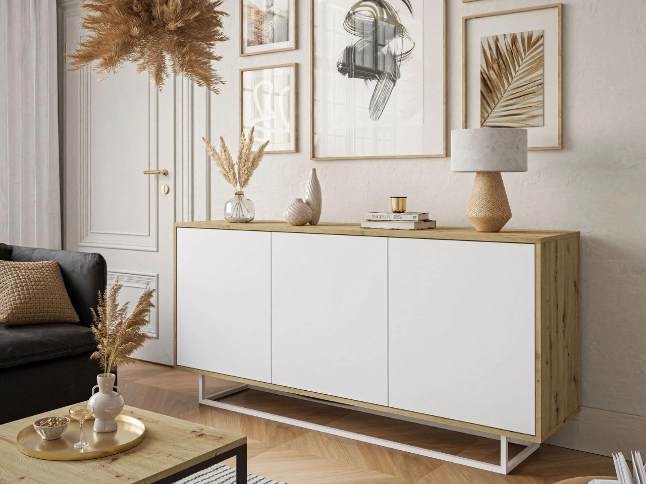 Trzydrzwiowa komoda 154 cm w stylu loft na białym stelażu Vivance biały mat i dąb artisan