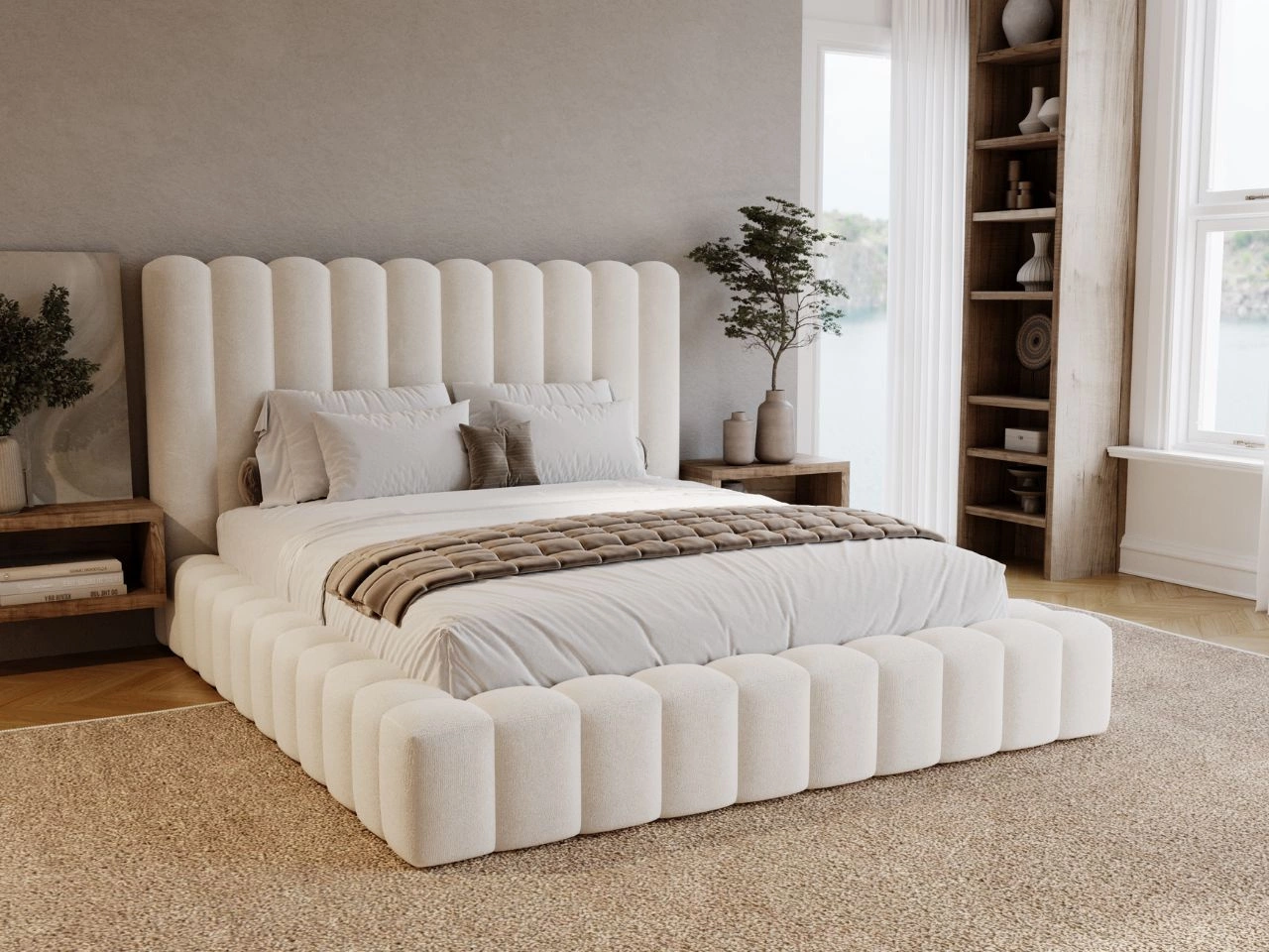 Łóżko tapicerowane z pojemnikiem i stelażem 120x200 cm Rotto Kremowe