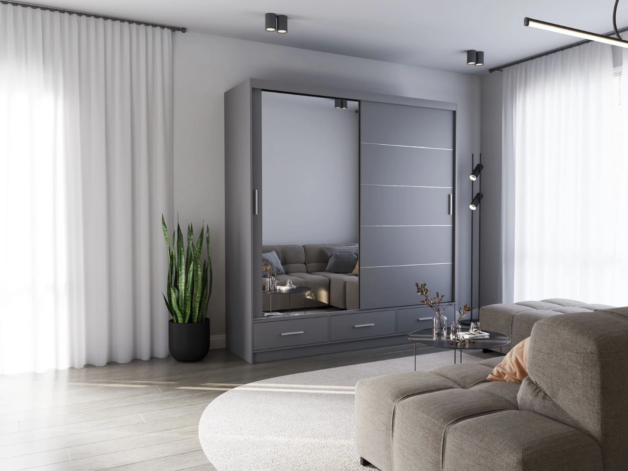 Szafa trzydrzwiowa z drzwiami przesuwnymi 203 cm Fiore Szara
