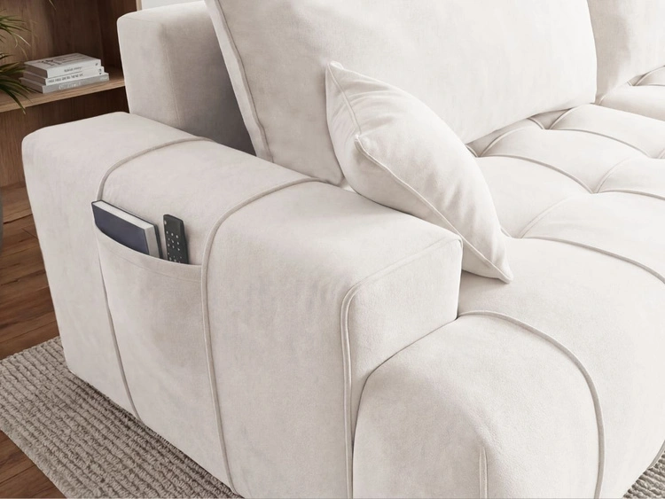 Narożnik L z funkcją spania i pojemnikiem Tulio prawy kremowy