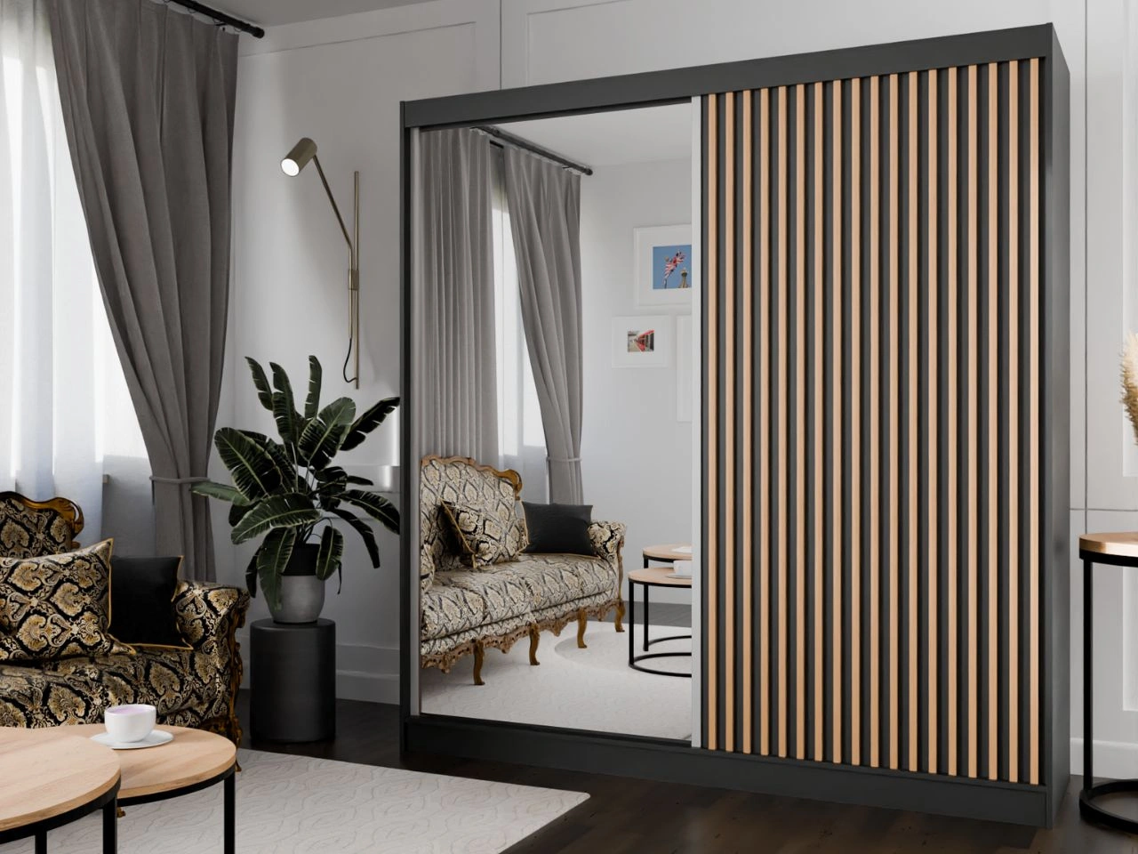 Szafa przesuwna z lustrem i lamelami 200 cm Loreto Czarna