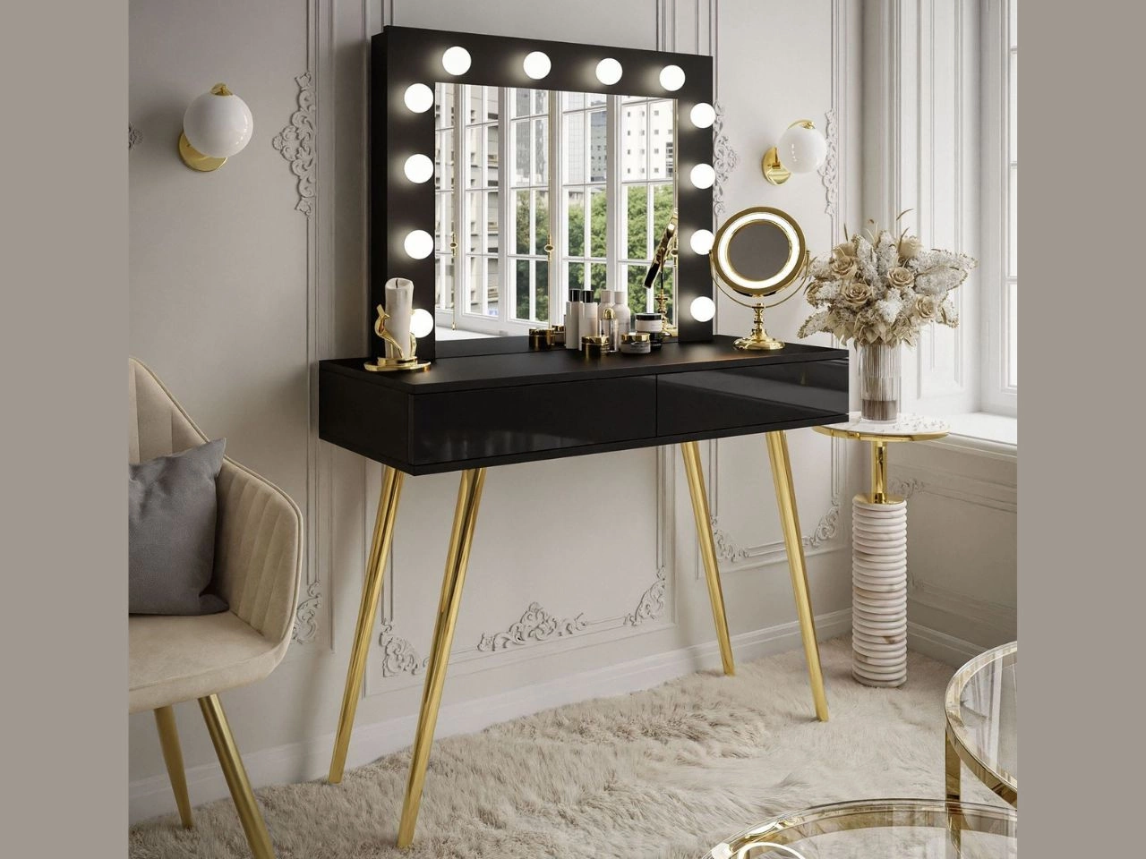 Toaletka kosmetyczna z szufladami, lustrem i oświetleniem LED Olivine czarny połysk