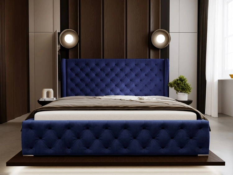 Łóżko tapicerowane z pojemnikiem na pościel i stelażem 120x200 Kingston Ciemnoniebieskie