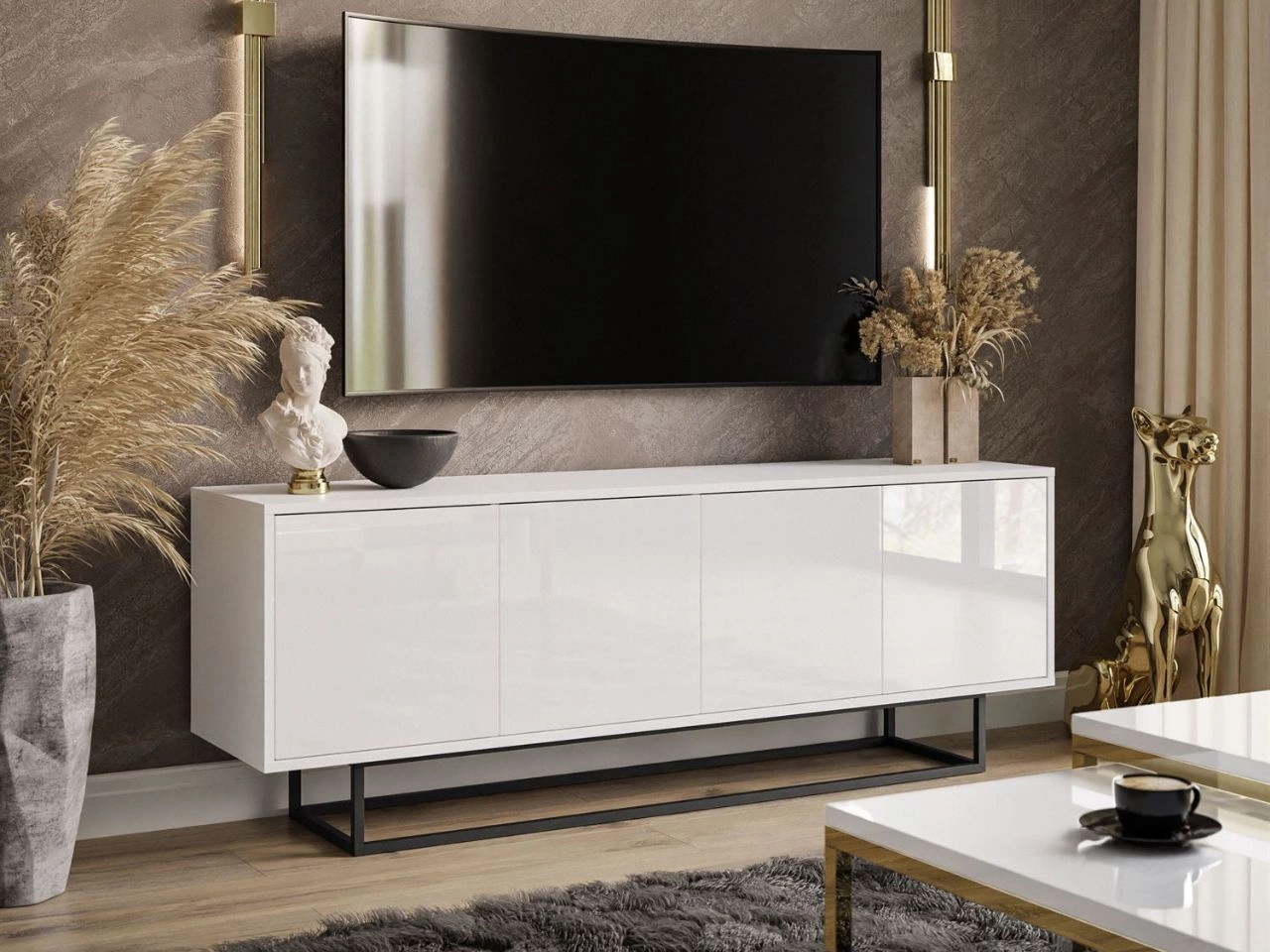 Szafka RTV pod telewizor z drzwiczkami na czarnym stelażu Vivance Biały połysk