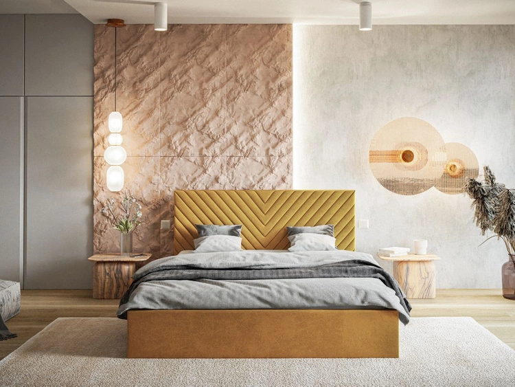 Łóżko tapicerowane z pojemnikiem i stelażem 180x200 Esma Żółte