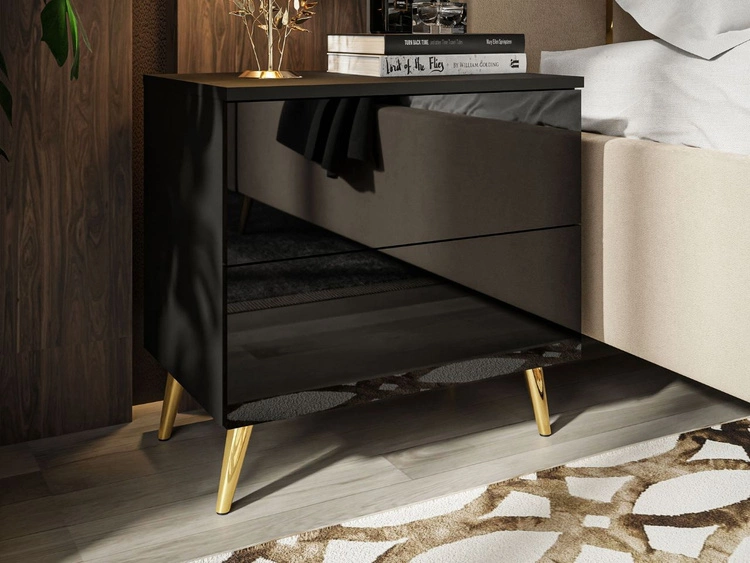 Stolik nocny z szufladami na złotych nogach Nuveo Czarny połysk