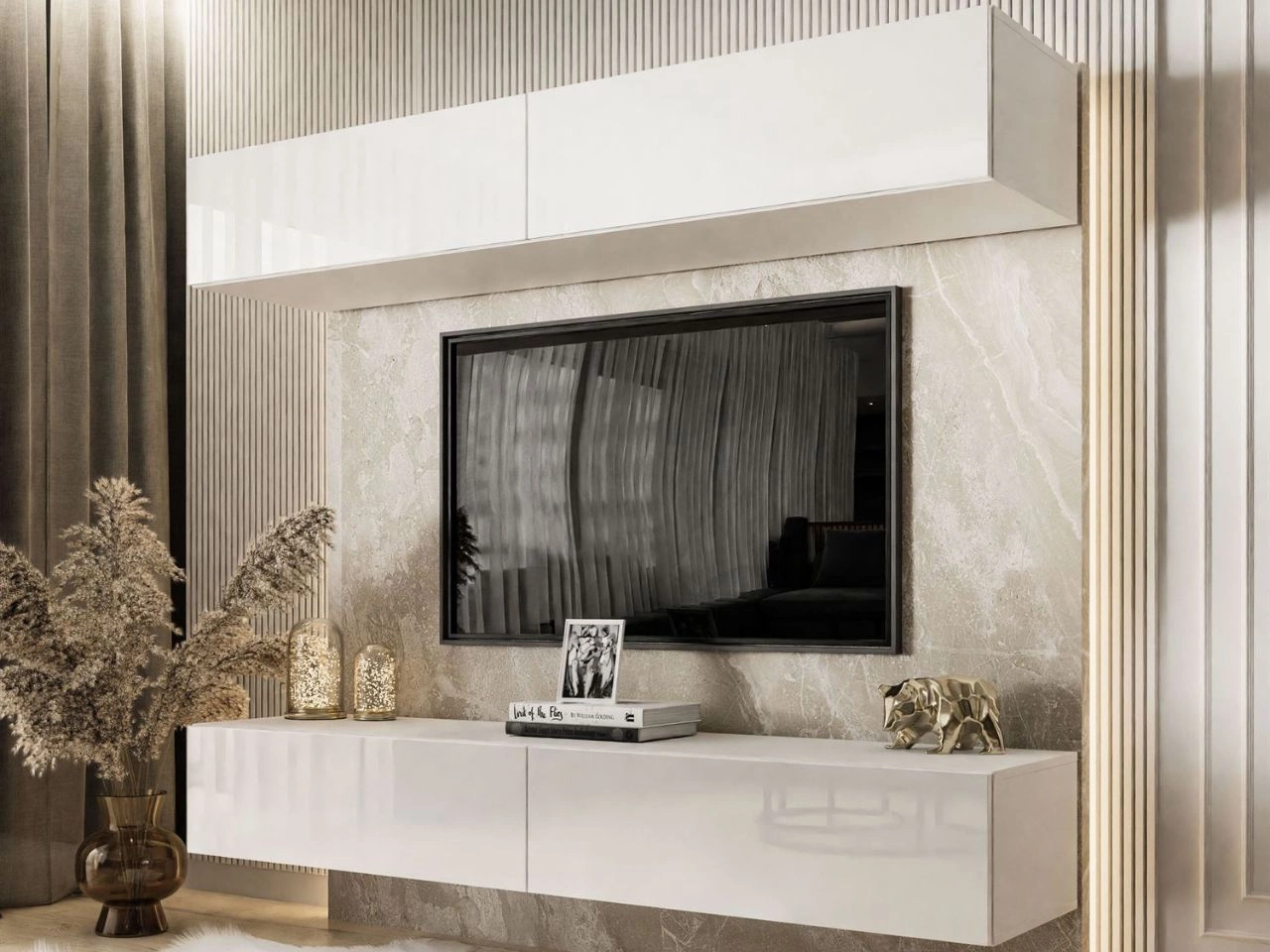 Wisząca meblościanka z oświetleniem LED do salonu Sorelle Biały połysk