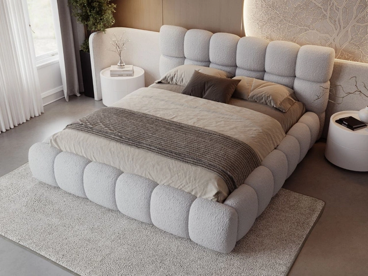 Łóżko tapicerowane z pojemnikiem na pościel i stelażem 180x200 Modo w tkaninie bouclé Szare