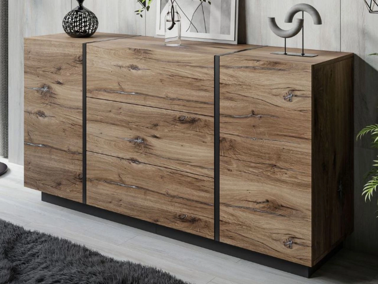 Dwudrzwiowa komoda 158 cm z trzema szufladami Lunelie dąb Flagstaff