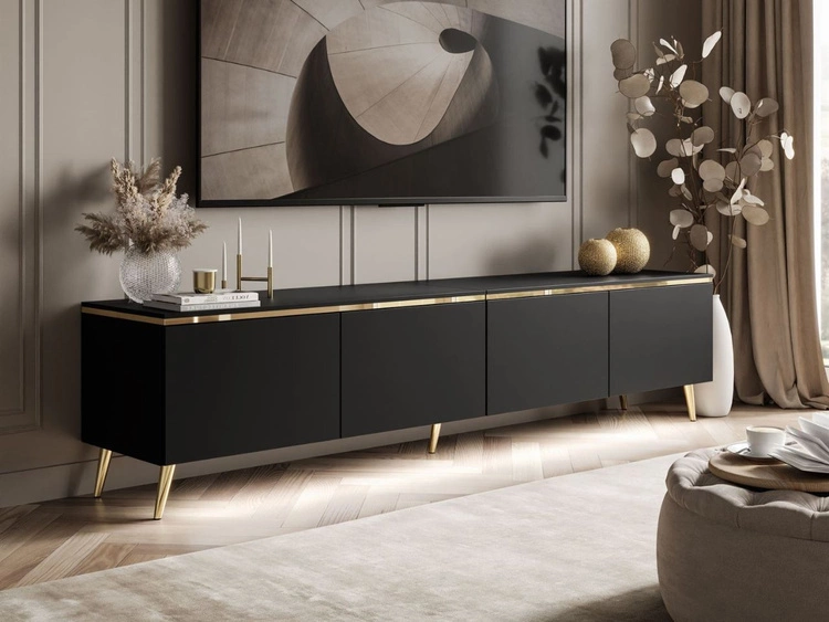 Szafka RTV czterodrzwiowa w stylu glamour z oświetleniem LED Celle czarny mat