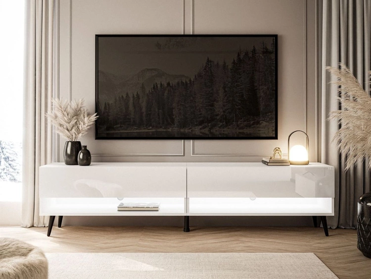 Szafka RTV do salonu 180 cm z czarnymi nóżkami i oświetleniem LED Aurelie Biały połysk