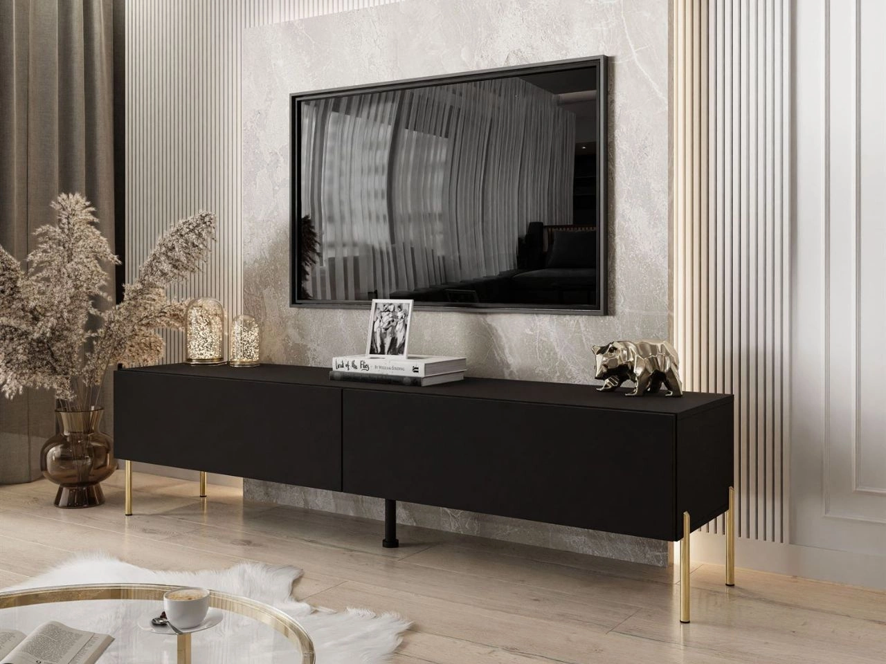 Szafka RTV dwudrzwiowa na złotych nóżkach 175 cm z oświetleniem LED Sorelle Czarny mat