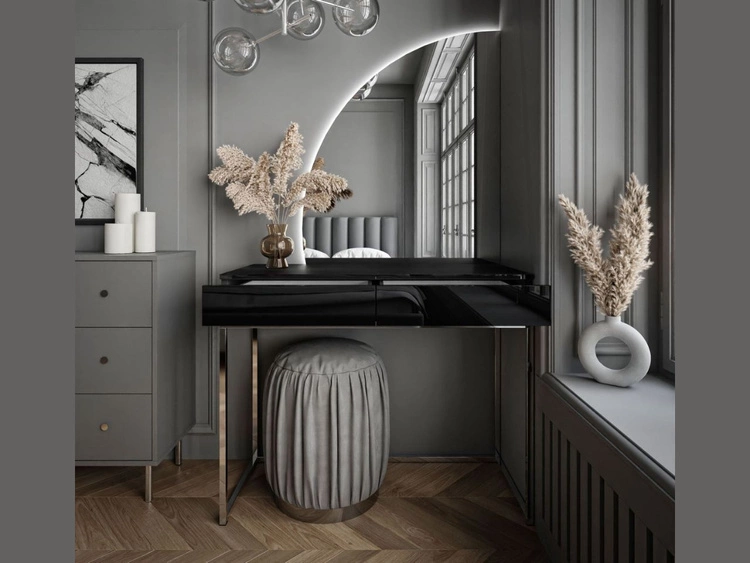 Toaletka kosmetyczna lewostronna z szufladami i oświetleniem LED na srebrnych nogach Clarette Czarny połysk