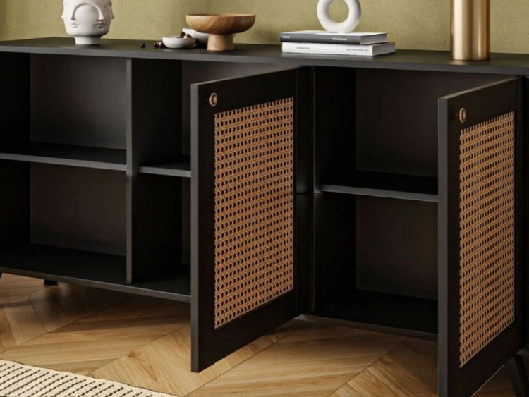 Komoda trzydrzwiowa z nadrukiem plecionki w stylu boho Bellance czarna