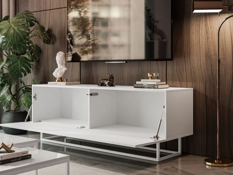 Szafka RTV pod telewizor z drzwiczkami na białym stelażu 150 cm Nodoo Biały połysk