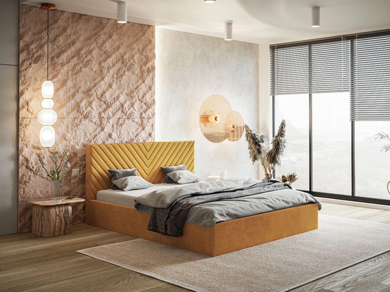 Łóżko tapicerowane z pojemnikiem i stelażem 160x200 Esma Żółte