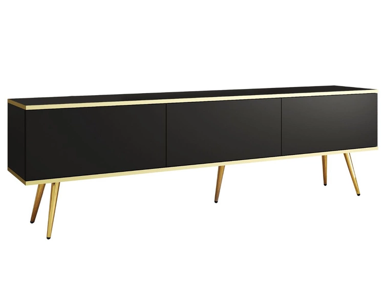 Szafka pod telewizor z drzwiczkami 175 cm z gładkim frontem Czarna na złotych nogach
