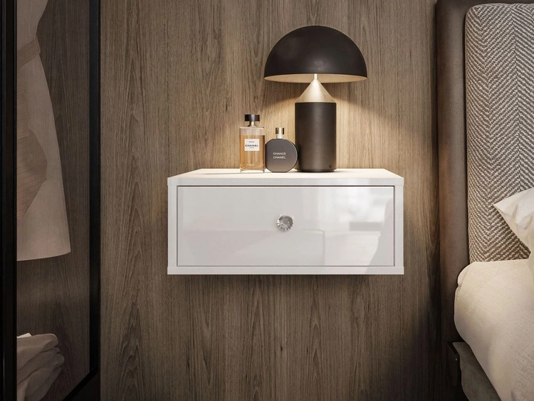 Stolik nocny glamour wiszący z szufladą i oświetleniem LED Brisa biały połysk