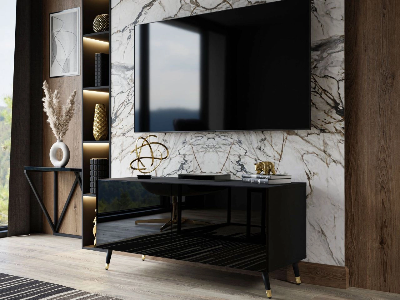 Szafka RTV pod telewizor z drzwiczkami na czarno-złotych nóżkach 100 cm Noaé Czarny połysk