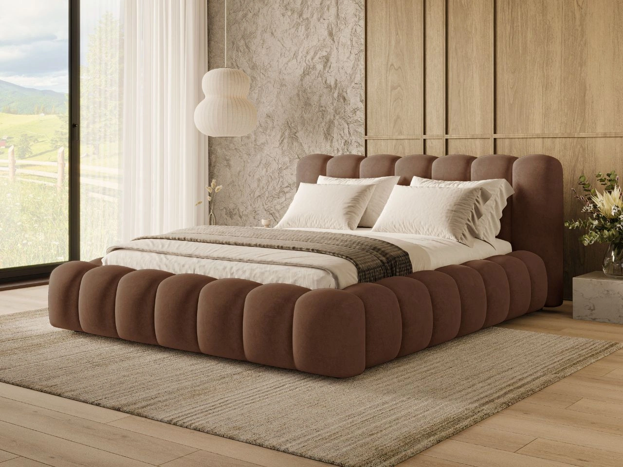 Łóżko tapicerowane z pojemnikiem i stelażem 140x200 Averia Brązowy