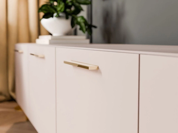 Szafka RTV pod telewizor z drzwiczkami i oświetleniem LED na złotych nóżkach 200 cm Noaé Kaszmir