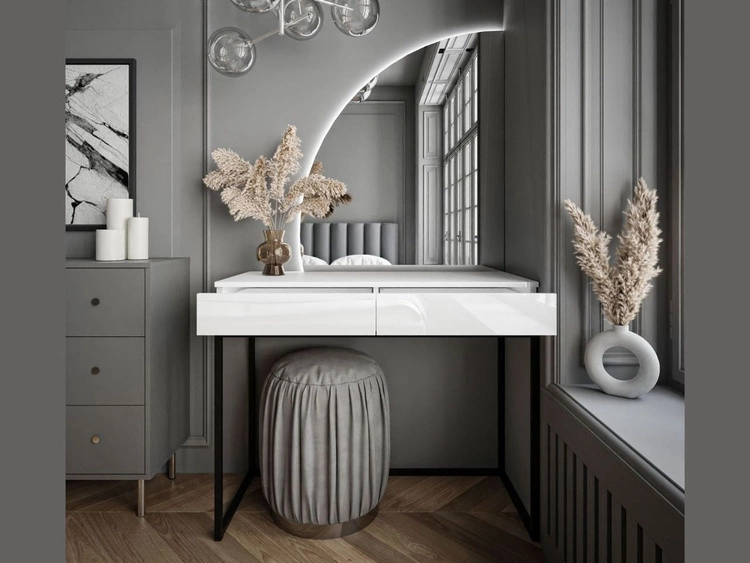 Toaletka kosmetyczna lewostronna z szufladami i oświetleniem LED na czarnych nogach Clarette Biały połysk