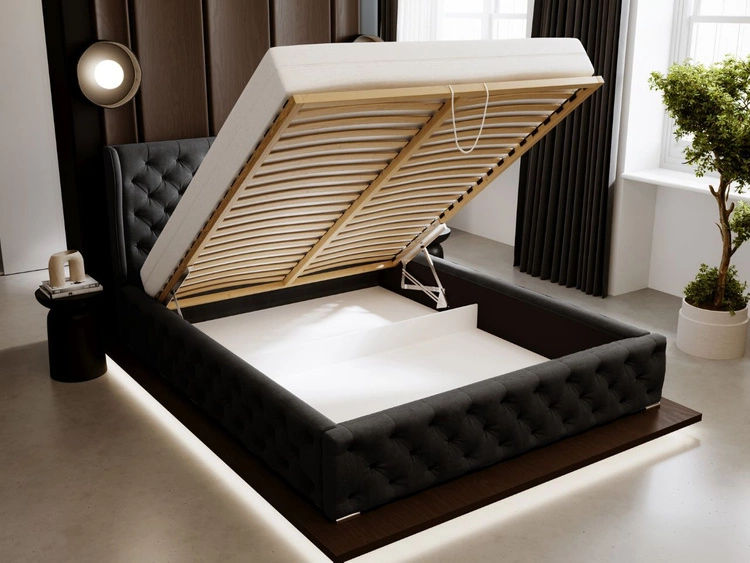 Łóżko tapicerowane z pojemnikiem na pościel i stelażem 200x200 Kingston Czarne