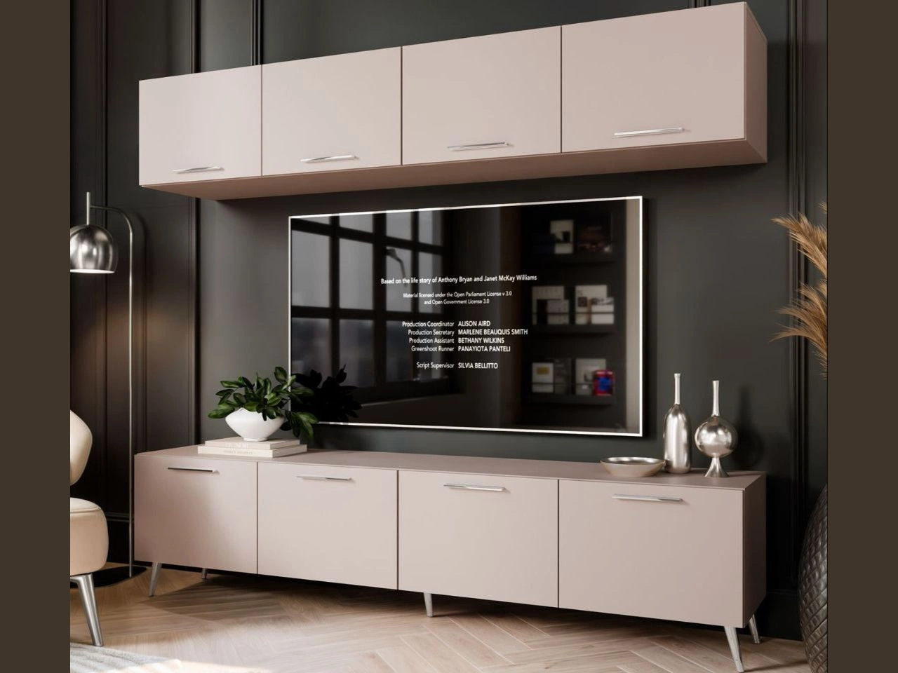 Meblościanka do salonu na srebrnych nogach Noaé Kaszmir