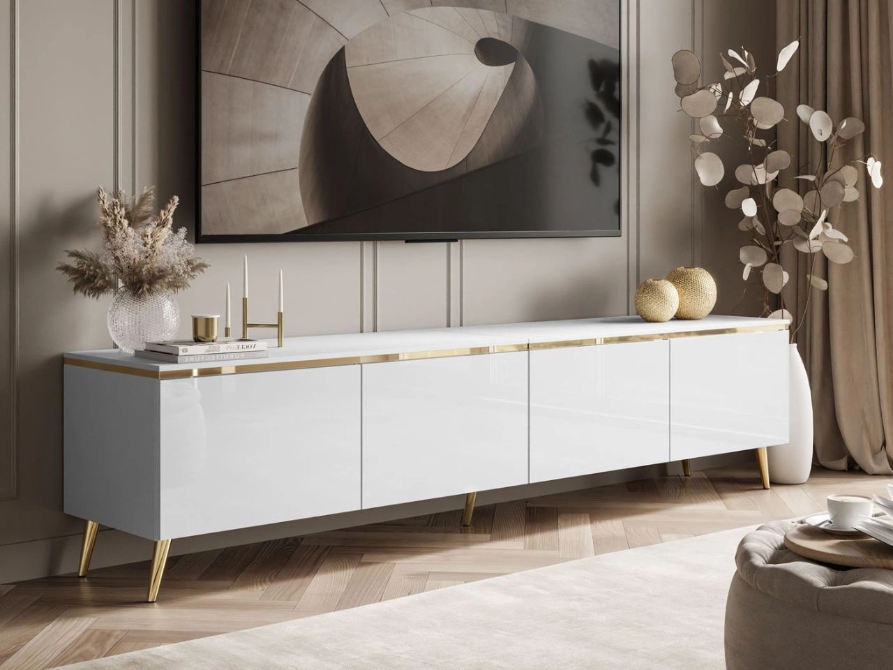 Szafka RTV czterodrzwiowa w stylu glamour z oświetleniem LED Celle biały połysk