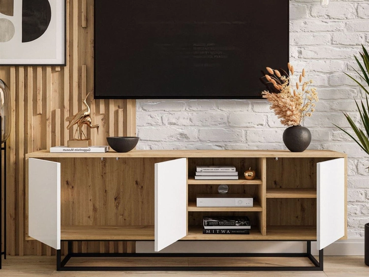 Szafka RTV pod telewizor z drzwiczkami i czarnym stelażem Vivance Biały i dąb artisan
