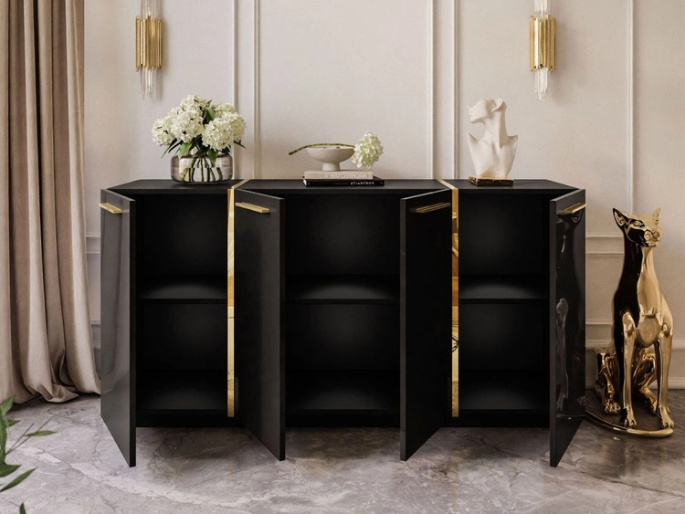 Czterodrzwiowa komoda 158 cm w stylu glamour ze złotymi uchwytami Lunelie czarny połysk