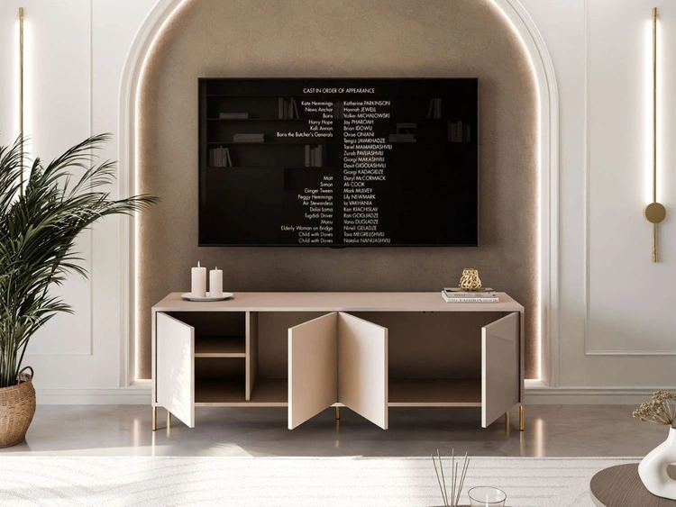 Szafka RTV glamour pod telewizor z drzwiczkami na złotych prostych nogach Vivance Kaszmir połysk