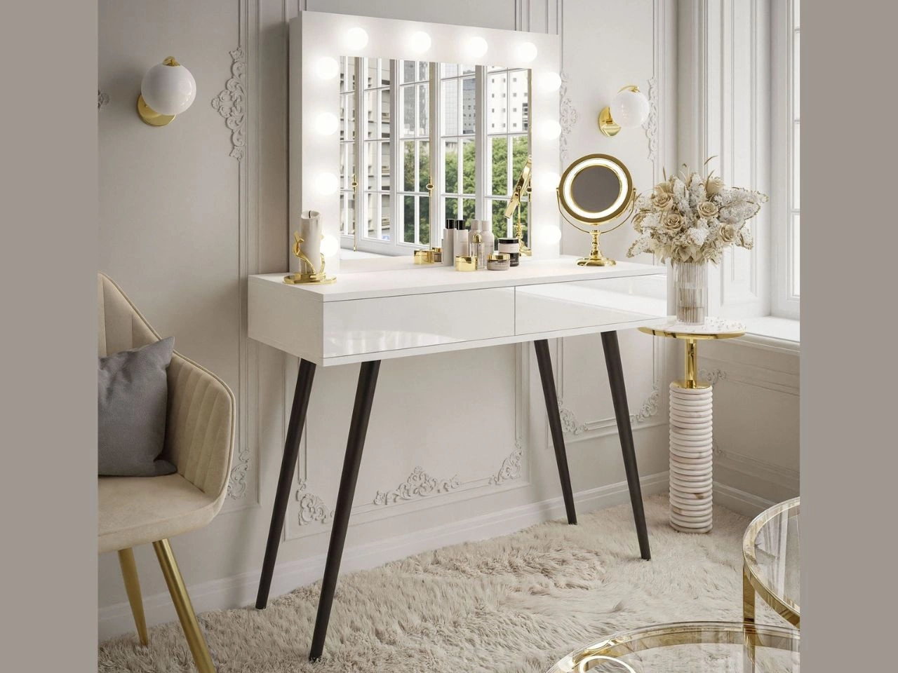 Toaletka kosmetyczna z szufladami, czarnymi nogami i oświetleniem LED Olivine biały połysk