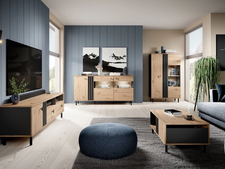 Szafka pod telewizor z szufladami i drzwiczkami Malone Dąb Artisan, Antracyt