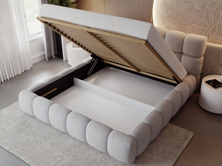 Łóżko tapicerowane z pojemnikiem na pościel i stelażem 180x200 Modo w tkaninie bouclé Szare