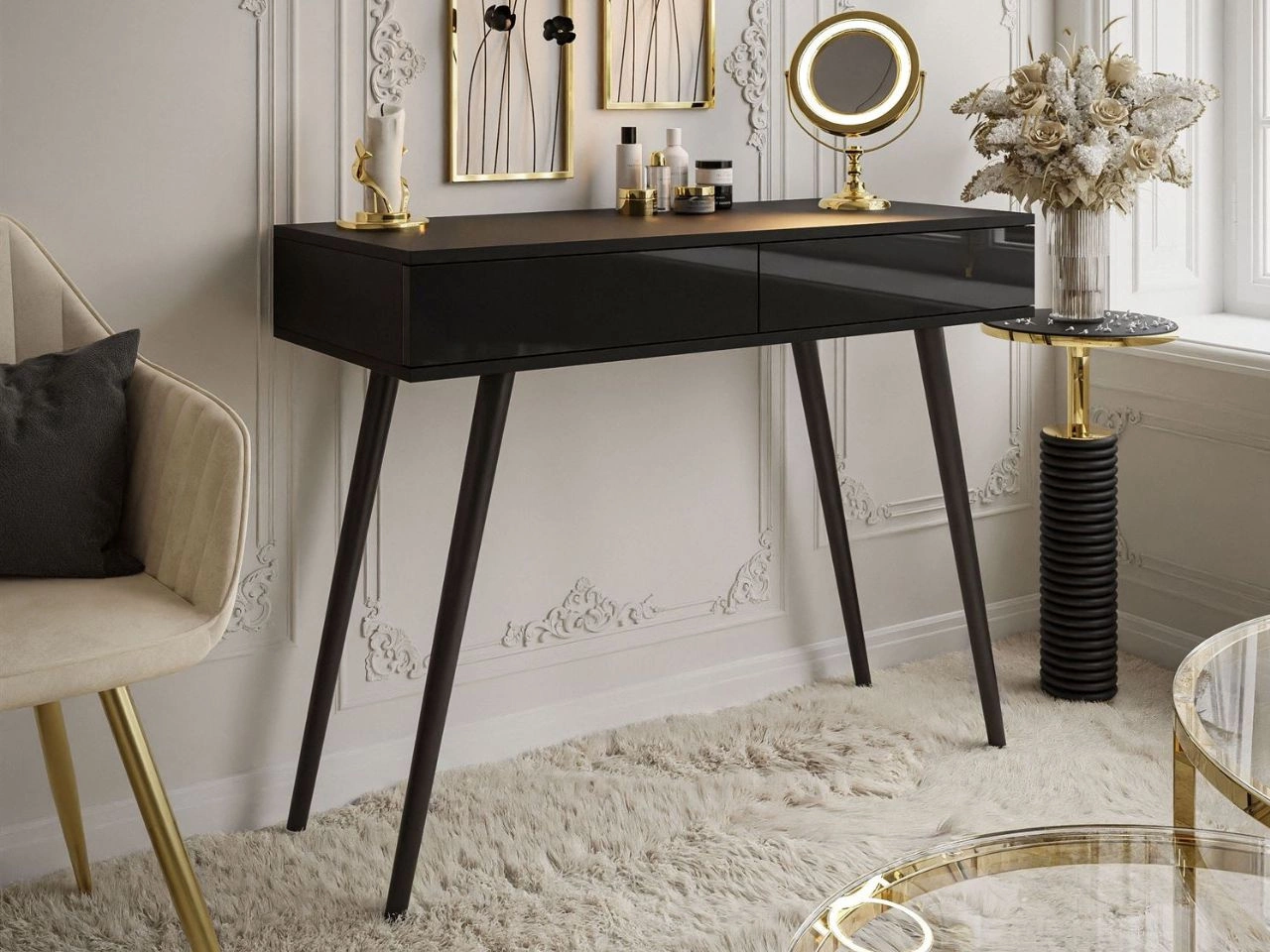 Konsola glamour z szufladami i czarnymi nogami Olivine czarny połysk