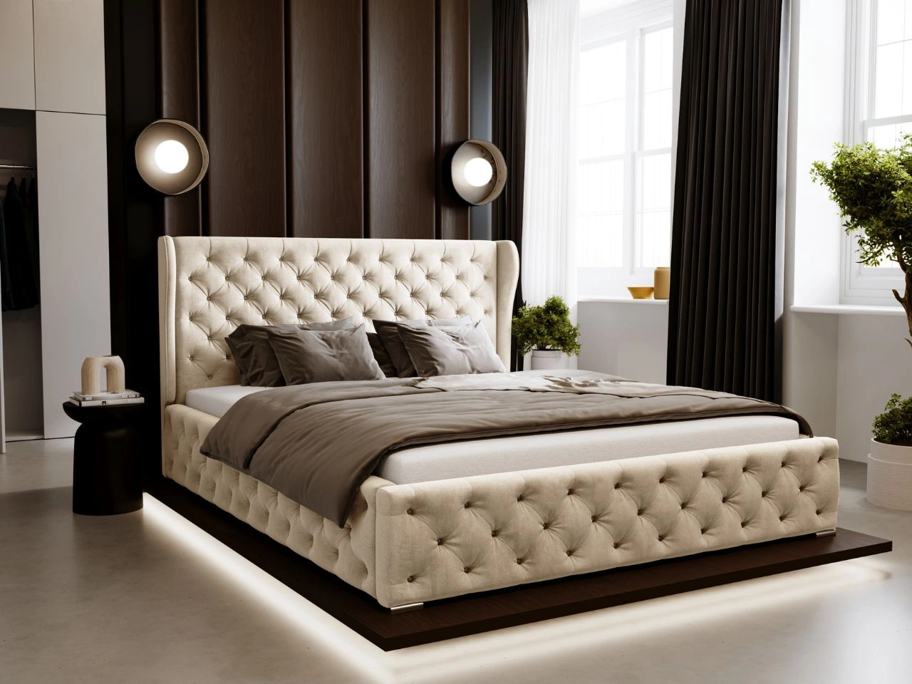 Łóżko tapicerowane z pojemnikiem na pościel i stelażem 180x200 Kingston Beżowe