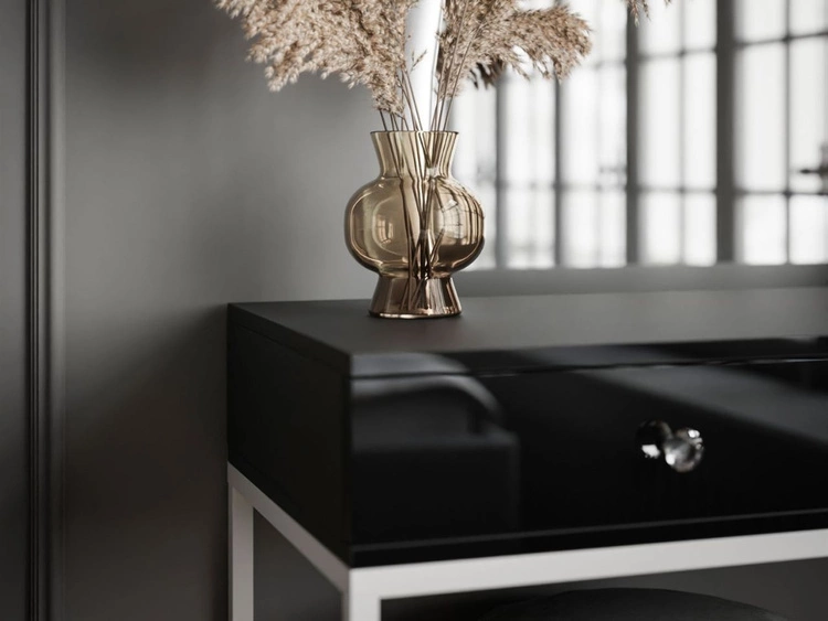 Toaletka kosmetyczna lewostronna z szufladami i oświetleniem LED na białych nogach Clarette Czarny połysk