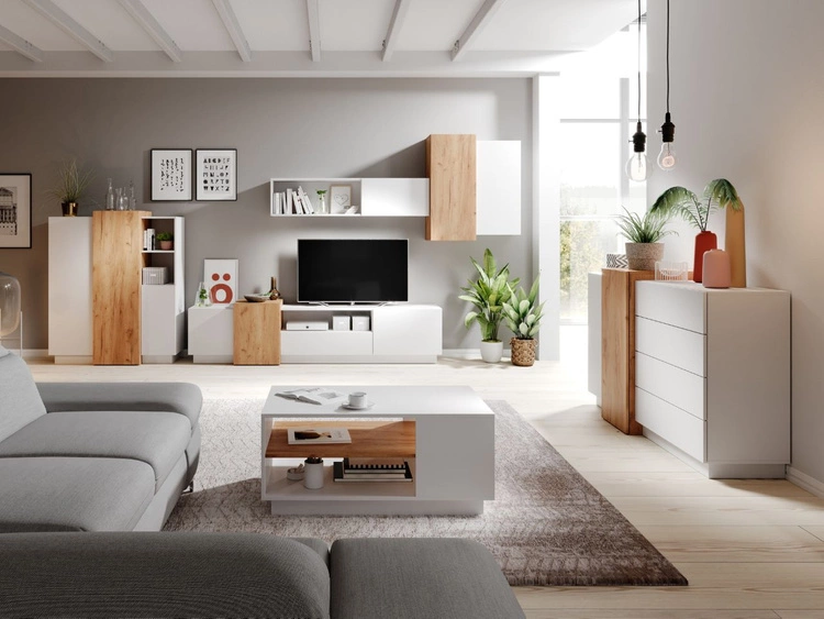 Meblościanka do salonu Morten Biała, Dąb Craft Złoty