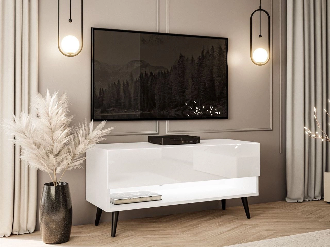 Szafka RTV 90 cm do salonu z oświetleniem LED i czarnymi nóżkami Aurelie Biały połysk