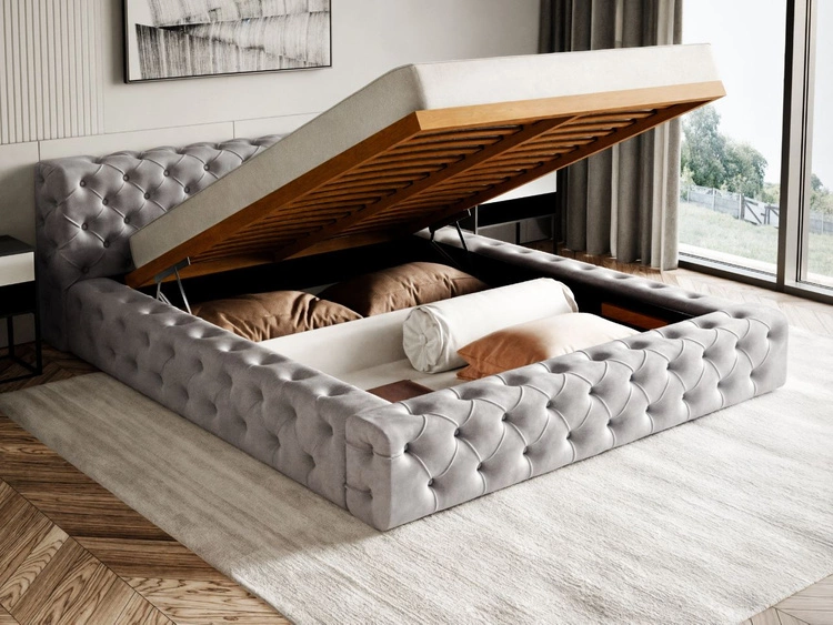 Łóżko tapicerowane z pojemnikiem i stelażem 180x200 cm Palini Szare