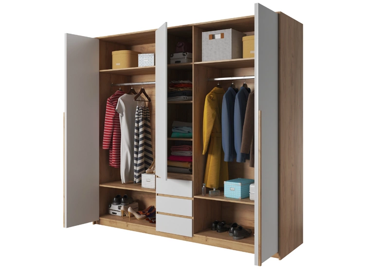 Szafa pięciodrzwiowa z drzwiami uchylnymi i oświetleniem LEDBaffi Dąb Craft Złoty, Biała