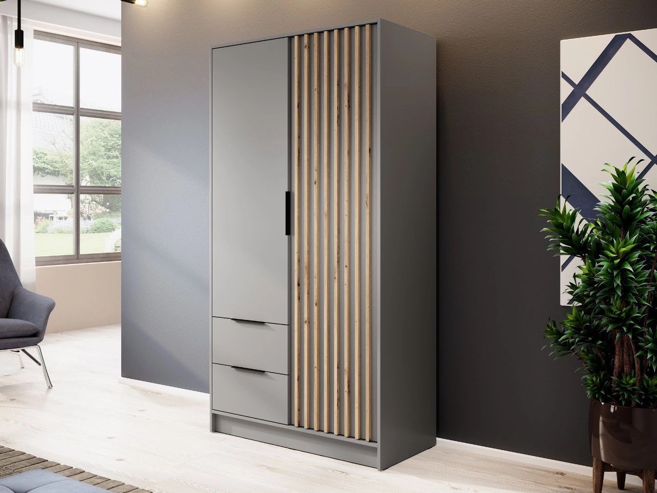 Szafa dwudrzwiowa z drzwiami uchylnymi 105 cm Macron Szara z lamelami