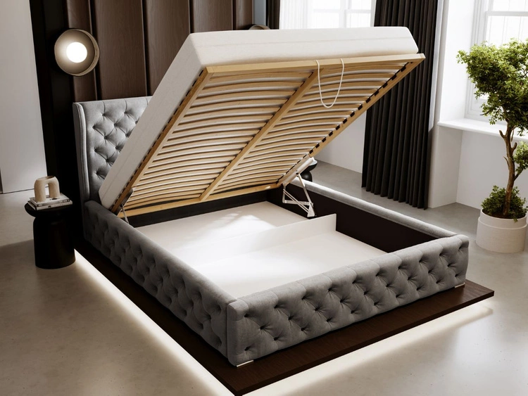 Łóżko tapicerowane z pojemnikiem na pościel i stelażem 180x200 Kingston Szare