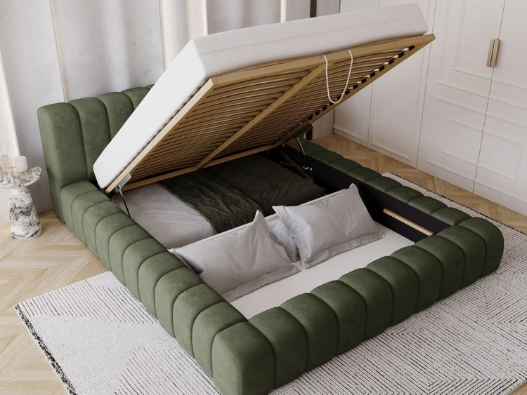 Łóżko tapicerowane z pojemnikiem na pościel i stelażem 140x200 Italia Zielone