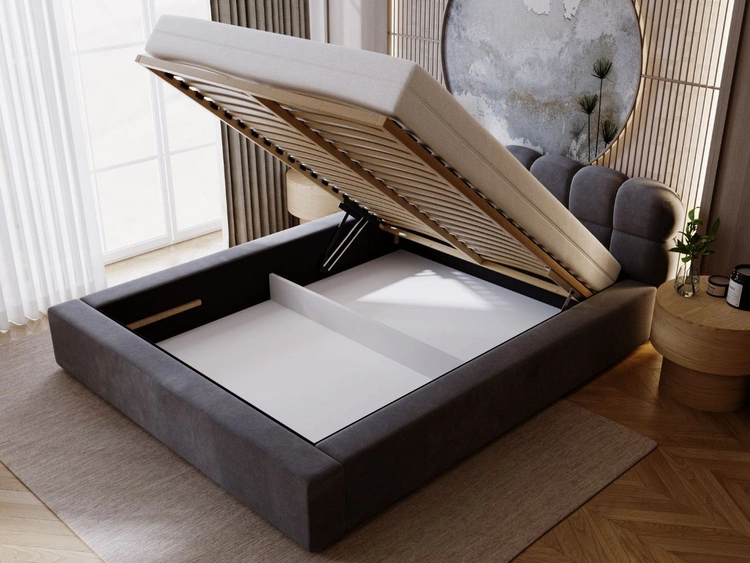 Łóżko tapicerowane z pojemnikiem i stelażem 140x200 Plaza Ciemnoszare