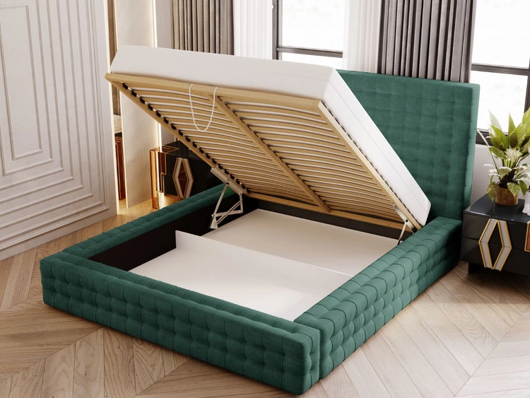 Łóżko tapicerowane z pojemnikiem i stelażem 140x200 Barbados Zielone