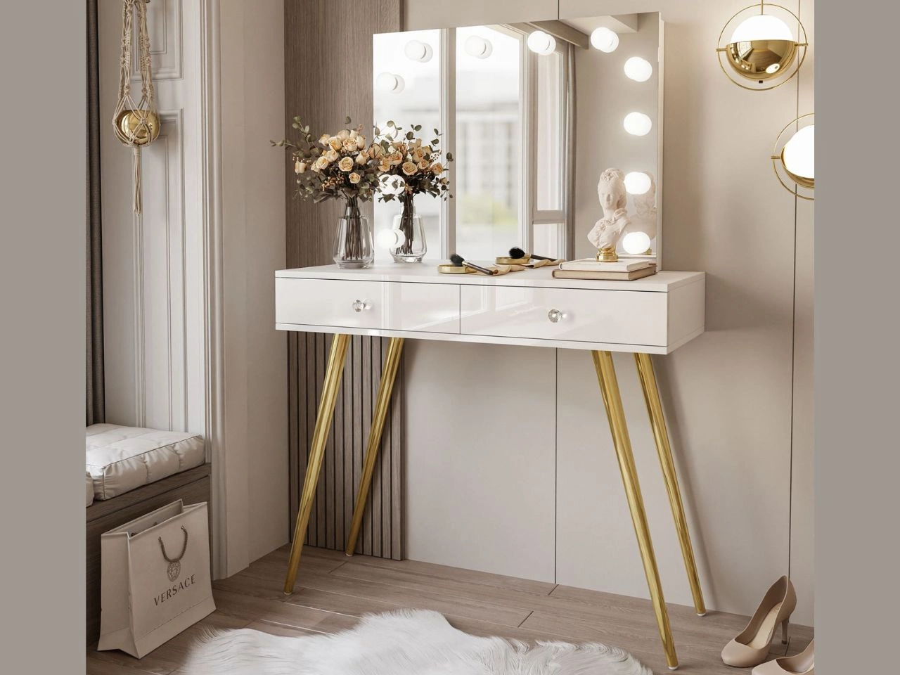 Toaletka kosmetyczna w stylu glamour z szufladami z kryształowymi uchwytami i oświetleniem LED Olivine Elite biały połysk