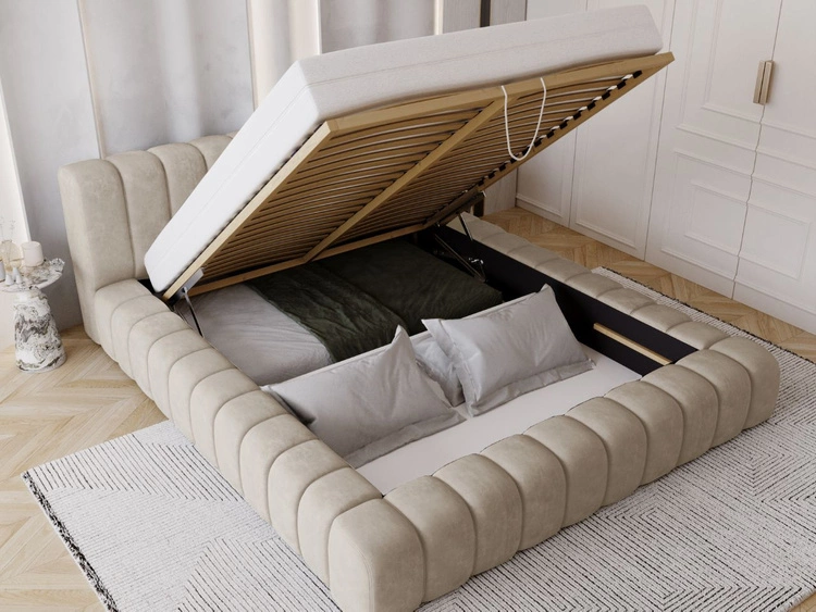 Łóżko tapicerowane z pojemnikiem na pościel i stelażem 140x200 Italia Beżowe